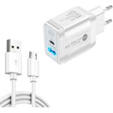 PD25W USB-C / TYPE-C + QC3.0 USB DUBLE PORTS Snelle oplader met USB naar Micro USB-gegevenskabel  EU-stekker