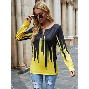 Women Solid Color Printed Zip Long Sleeves (Color:Yellow Size:S)