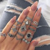 15 stuks Boheemse Retro Crystal bloem bladeren holle Lotus Gem Silver Ring Set