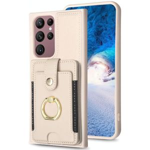 Voor Samsung Galaxy S22 Ultra 5G BF27 Metalen Ring Kaart Tas Houder Telefoon Case(Beige)