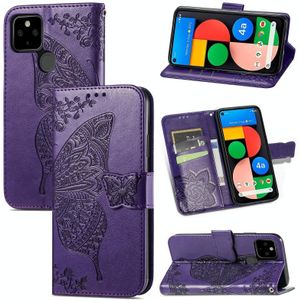 Voor Google Pixel 5A Butterfly Love Flower Relif Horizontale Flip Leren Case met Bracket & Card Slot & Wallet & Lanyard (Dark Purple)