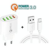 QC-04 QC3.0 + 3 x USB2.0 Multi-poorten oplader met 3A USB naar Type-C-gegevenskabel  EU-stekker