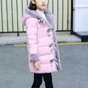 Winter meisjes Mid-Length dikke warme Bow-knoop Hooded katoenen kleding jas  Kid grootte: 120cm (roze)