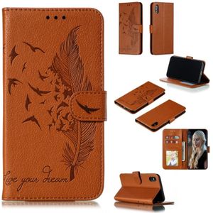 Feather patroon Litchi textuur horizontale Flip lederen draagtas met portemonnee & houder & kaartsleuven voor iPhone XS Max (bruin)