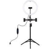 PULUZ 1.1 m statief mount + dubbele telefoon beugels + 11 8 inch 30cm gebogen oppervlak USB 3 modi dimbaar dubbele kleur temperatuur LED ring VLogging video licht live broadcast kits met telefoon klem (zwart)