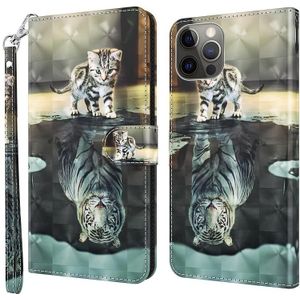 3D -schilderpatroon Flip Leather Phone Case voor iPhone 14 Pro (Cat Tiger)