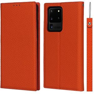 Voor Samsung Galaxy S20 Ultra Litchi Textuur Horizontale Flip Top Laag Koeienhuid Lederen Case met Houder & Card Slots & Portemonnee & Strap & Wire Winder (Oranje)