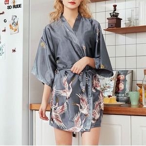 Womens Summer Print Kimono Robe Satin Lace Gown Fashion Sleepwear  Size:M(Grijs)