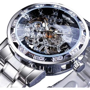 Winnaar Leisure Skeleton Diamond Luminous Pointer Horloge Mannen Handmatig Mechanisch Horloge (Zilveren Riem Zilver Shell Zwart Gezicht)