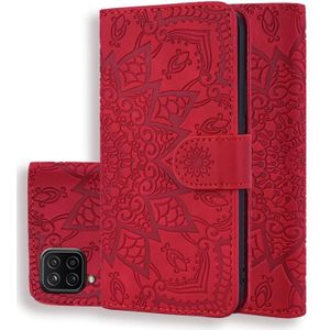 Relif zonnebloem patroon horizontale flip pu lederen geval met houder & kaart slots & portemonnee & Lanyard voor Samsung Galaxy A12 (rood)