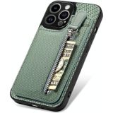 Voor iPhone 13 Pro Max Koolstofvezel Verticale Flip Rits Telefoon Case(Groen)