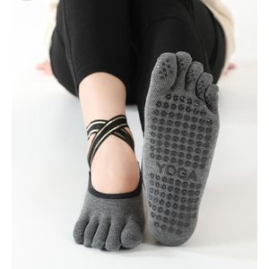 Non-slip backless cross-riem vijfvinger yoga-sokken (volle vingers donkergrijs)