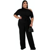 Effen kleur schuine schouderriem Jumpsuit Wide-poot broek (kleur: zwart Maat: XXL)