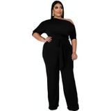 Effen kleur schuine schouderriem Jumpsuit Wide-poot broek (kleur: zwart Maat: XXL)