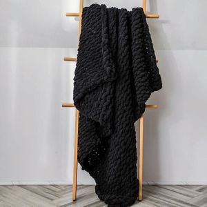 Handgemaakte dikke wol gebreide deken bank Chenille Stick gebreide deken  grootte: 80 x 100 CM (Zwart)