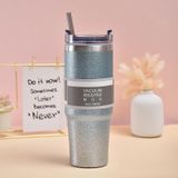 20oz Glitter Isolatie Koffiekopje Dubbellaags Ijsbeker Roestvrijstalen Autobeker Met Stro (Blauw Zilver)