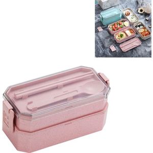 Dubbellaagse lunchbox plastic magnetron student lunchbox bestek set (Roze)