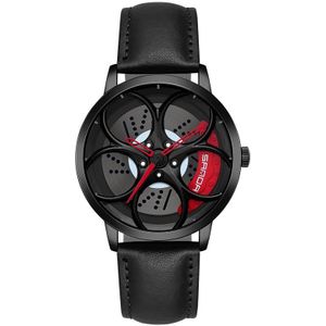 Sanda 1070 3D Ovaal Hol Wiel Niet-roteerbaar Dial Quartz Horloge voor Mannen  Stijl: Lederen Riem (zwart rood)