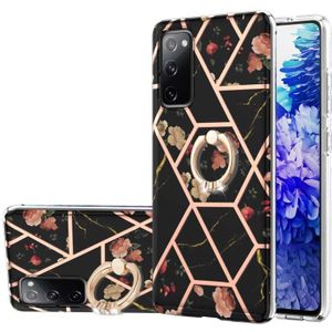 Voor Samsung Galaxy S20 FE / S20 Lite Electroplating Splicing Marmeren Bloempatroon TPU Schokbestendig Case met Rhinestone Ringhouder (zwarte bloem)