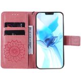 Voor iPhone 12 Max / 12 Pro Geperst Afdrukken Zonnebloempatroon Horizontaal Flip PU Lederen Kast Houder & Kaartslots & Wallet & Lanyard(Roze)