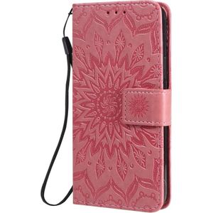 Voor iPhone 12 Max / 12 Pro Geperst Afdrukken Zonnebloempatroon Horizontaal Flip PU Lederen Kast Houder & Kaartslots & Wallet & Lanyard(Roze)