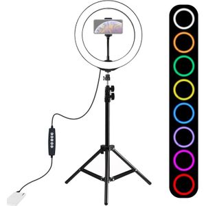 PULUZ 1.1 m statief mount + 10 inch 26cm RGBW LED ring VLogging video licht live broadcast kits met koude schoen statief bal hoofd & telefoon klem