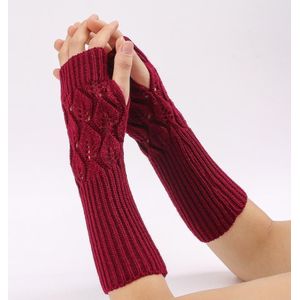 Winter Mannen en Vrouwen Gebreide Jacquard Bladeren Fietsen Warme Vingerloze Wollen Handschoenen (Jujube)