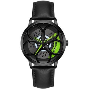Sanda 1070 3D Ovaal Hol Wiel Niet-roteerbaar Dial Quartz Horloge voor Mannen  Stijl: Lederen Riem (Zwart Groen)