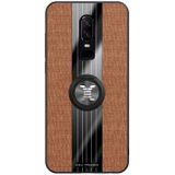 Voor OnePlus 6 XINLI Stikdoek textuur schokbestendige TPU beschermhoes met ringhouder(bruin)