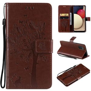 Tree & Cat Pattern Pressed Printing Horizontal Flip PU Leather Case with Holder & Card Slots & Wallet & Lanyard For Samsung Galaxy A03s(Brown)