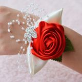 Handgemaakte Wedding Bride pols bloem corsages boeket Corsage Diamond satijn Rose Flowers(Red)