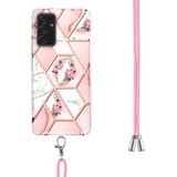Voor Samsung Galaxy A82 5G Electroplating Splicing Marble Flower Pattern TPU Shockproof Case met Lanyard (Pink Flower)