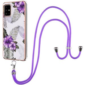 Voor Samsung Galaxy A51 Electroplating Pattern IMD TPU Shockproof Case met Neck Lanyard (Purple Flower)