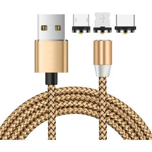 3 in 1 USB naar 8 Pin + Type-C/USB-C + Micro USB Magnetic Metal Interface Nylon Vlechten oplaadkabel  lengte: 1m (Goud)