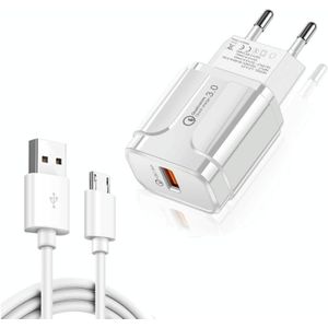 LZ-023 18W QC 3.0 USB Portable Travel Charger + 3A USB naar Micro USB-datakabel  EU-stekker(wit)