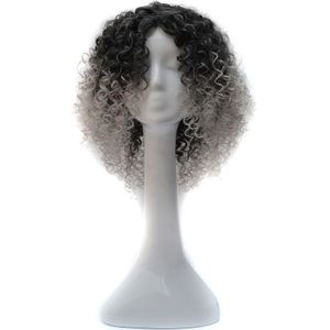 T191006 Europese en Amerikaanse pruik hoofddeksels met korte en kleine krullend haar voor vrouwen (grijs)