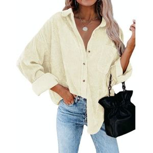 Effen kleur revers lange mouwen corduroy los casual shirt met zakken voor dames (kleur: beige maat: XL)