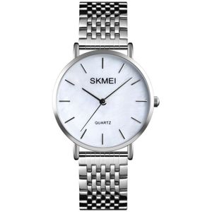 Skmei 1567 Lichte en dunne vrije tijd Eenvoudige 30m Waterdichte Shell Dial Women Steel Band Quartz Watch (Zilverachtig)