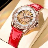 OLEVS 6681 dames multifunctioneel hol waterdicht mechanisch horloge (wit oppervlak rode riem)