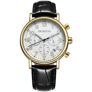 Ochstin 5081A Multifunctioneel lichtgevend waterdicht lederen band quartz horloge (goud + wit + zwart)