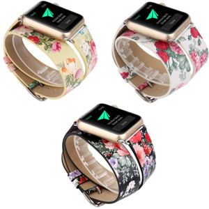 Voor Apple Watch serie 3 & 2 & 1 38mm nieuw opmaakprofiel Chinese inkt bloem patroon twee-lus lederen pols horloge Band (geel)