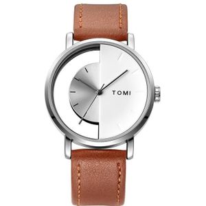 TOMI T080 Hollow Design half doorzichtige unisex quartz horloge (witte wijzerplaat zilveren schaal bruine band)