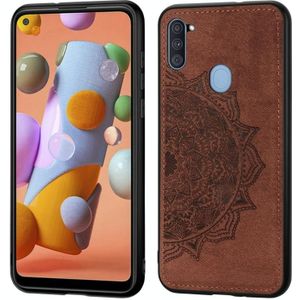 Voor Samsung Galaxy A11 Mandala Relif Doek Cover PC + TPU mobiele telefoon case met magnetische functie en handband (Bruin)