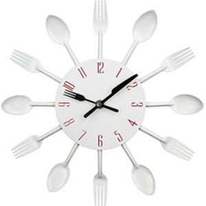 Bestek metalen keuken Wandklok lepel vork creatieve kwarts muur gemonteerde klokken modern design decoratieve horloge wit