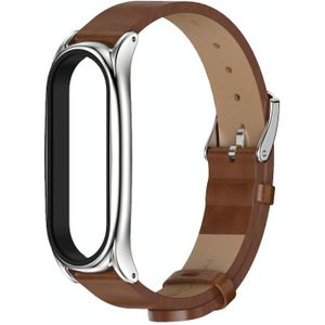 For Xiaomi Mi Band 6 / 5 / 4 / 3 Mijobs Metal Case Crazy Horse Texture PU Microfiber Plus Replacement Watchband(Brown Silver)