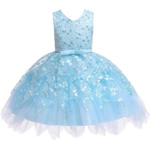 Meisjes onregelmatige geborduurde beaded Bow-knoop Tutu Mouwloze Jurk Show Dress  Passende hoogte: 110cm (Sky Blue)