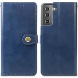 Voor Samsung Galaxy S21 Plus 5G Retro Solid Color Leather Buckle Phone Case met Lanyard & Photo Frame & Card Slot & Wallet & Stand Functie(Blauw)