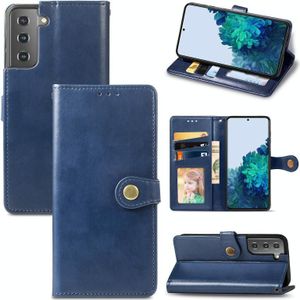 Voor Samsung Galaxy S21 Plus 5G Retro Solid Color Leather Buckle Phone Case met Lanyard & Photo Frame & Card Slot & Wallet & Stand Functie(Blauw)