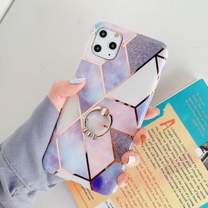 Voor iPhone 11 Pro Max Plating Kleurrijk geometrisch patroon Mozaek Marmer TPU Mobiele Telefoon Case Rijnsteen Stand Ring (Paarse PR4)