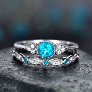 2 stks/set vrouwen Fashion Zircon edelsteen ring 6 (meer blauw)